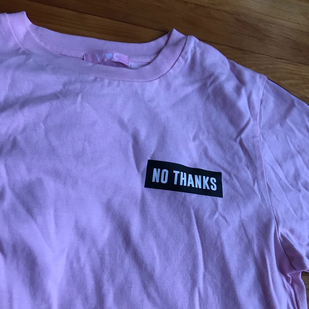 Japanese brand pink t shirt “no thanks”